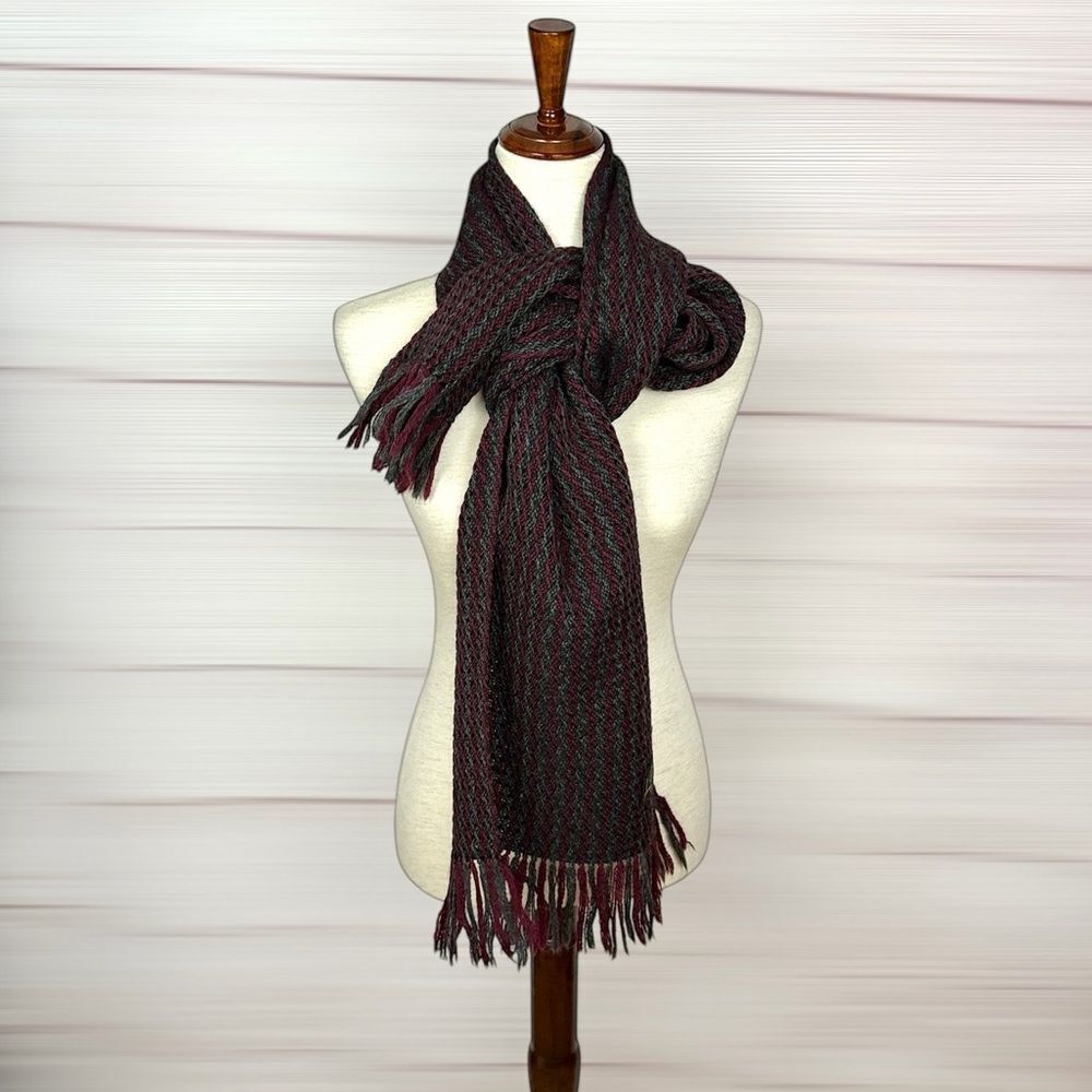 Vintage Wool Long Handloomed Scarf Burgundy Gray Fringed Made in Uruguay